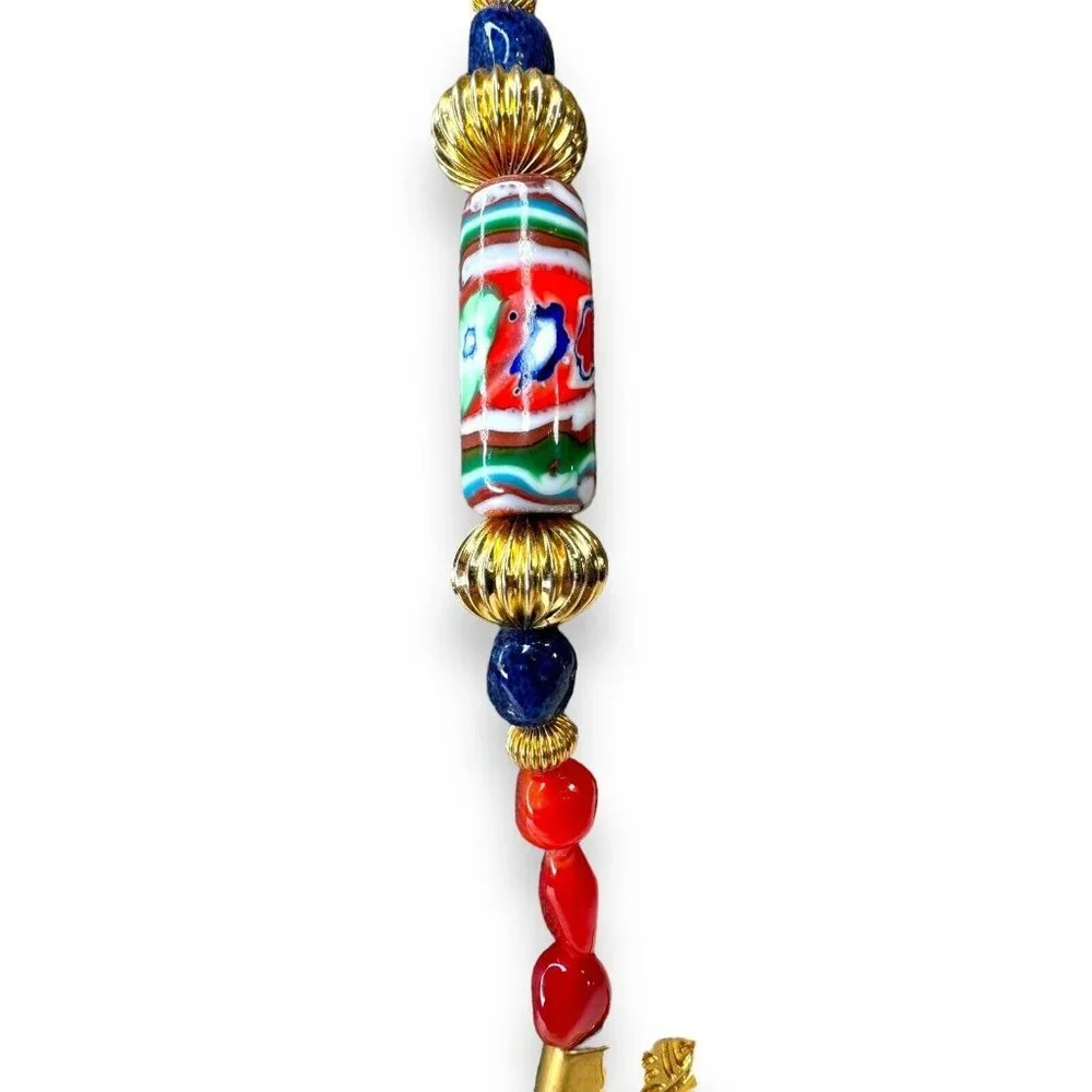 Vintage Tribal-Inspired Red, Blue & Gold Statement Necklace 27" Unsigned - Picture 6 of 13